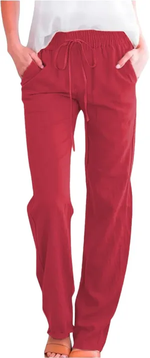Womens Casual Cotton Linen Pants Lightweight Summer Relax Fit Elastic Waist Plus Size Solid Lounge Long Trousers