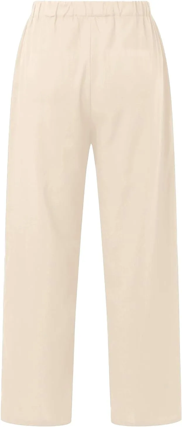 Womens Casual Cotton Linen Pants Lightweight Summer Relax Fit Elastic Waist Plus Size Solid Lounge Long Trousers