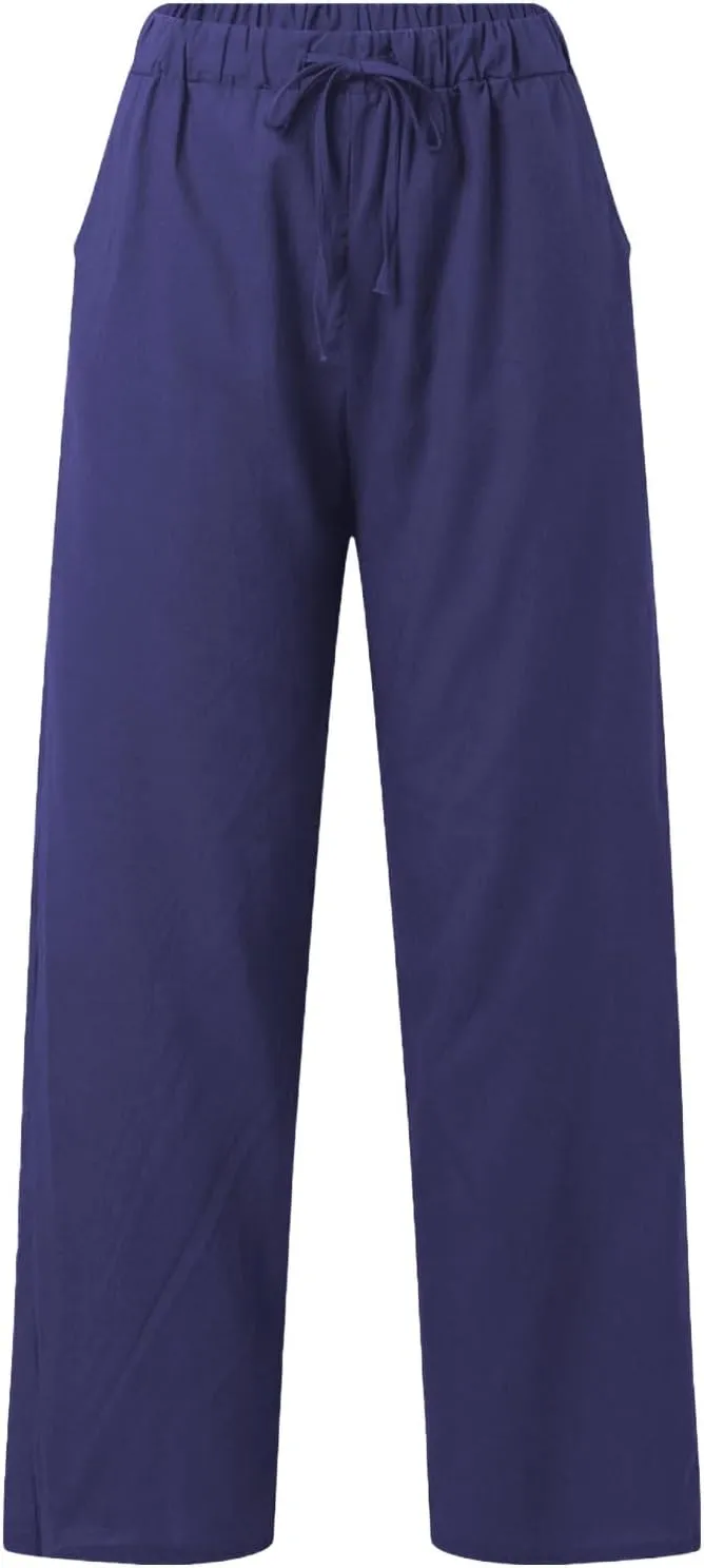 Womens Casual Cotton Linen Pants Lightweight Summer Relax Fit Elastic Waist Plus Size Solid Lounge Long Trousers