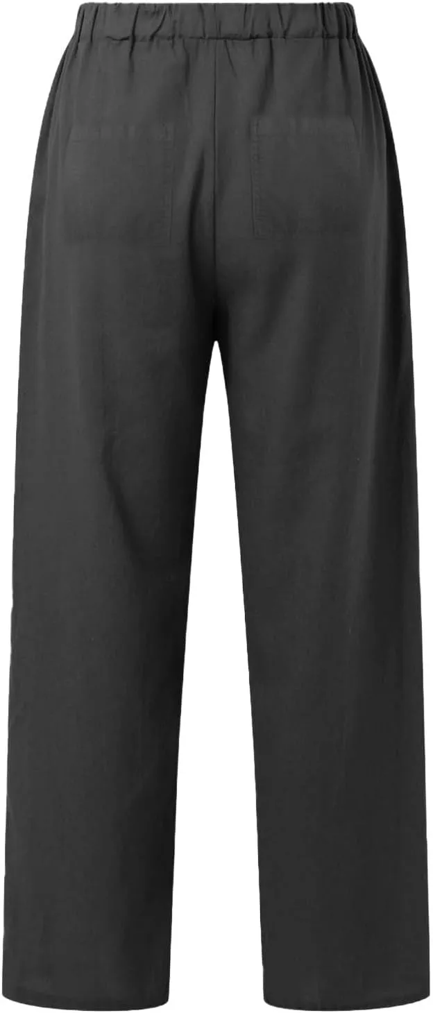 Womens Casual Cotton Linen Pants Lightweight Summer Relax Fit Elastic Waist Plus Size Solid Lounge Long Trousers
