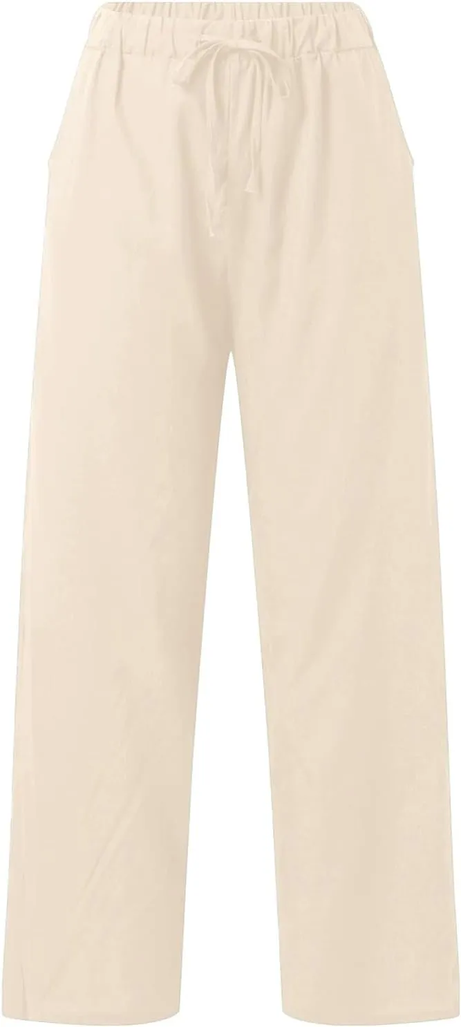 Womens Casual Cotton Linen Pants Lightweight Summer Relax Fit Elastic Waist Plus Size Solid Lounge Long Trousers
