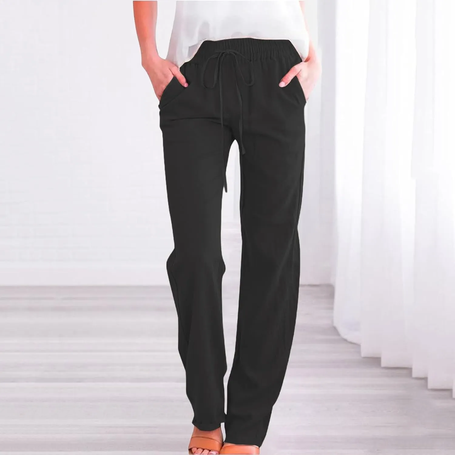Womens Casual Cotton Linen Pants Lightweight Summer Relax Fit Elastic Waist Plus Size Solid Lounge Long Trousers