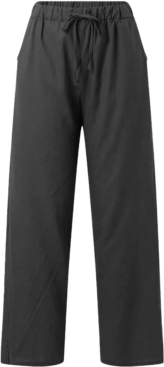 Womens Casual Cotton Linen Pants Lightweight Summer Relax Fit Elastic Waist Plus Size Solid Lounge Long Trousers