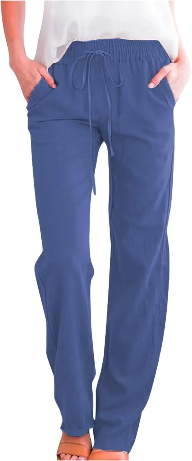 Womens Casual Cotton Linen Pants Lightweight Summer Relax Fit Elastic Waist Plus Size Solid Lounge Long Trousers