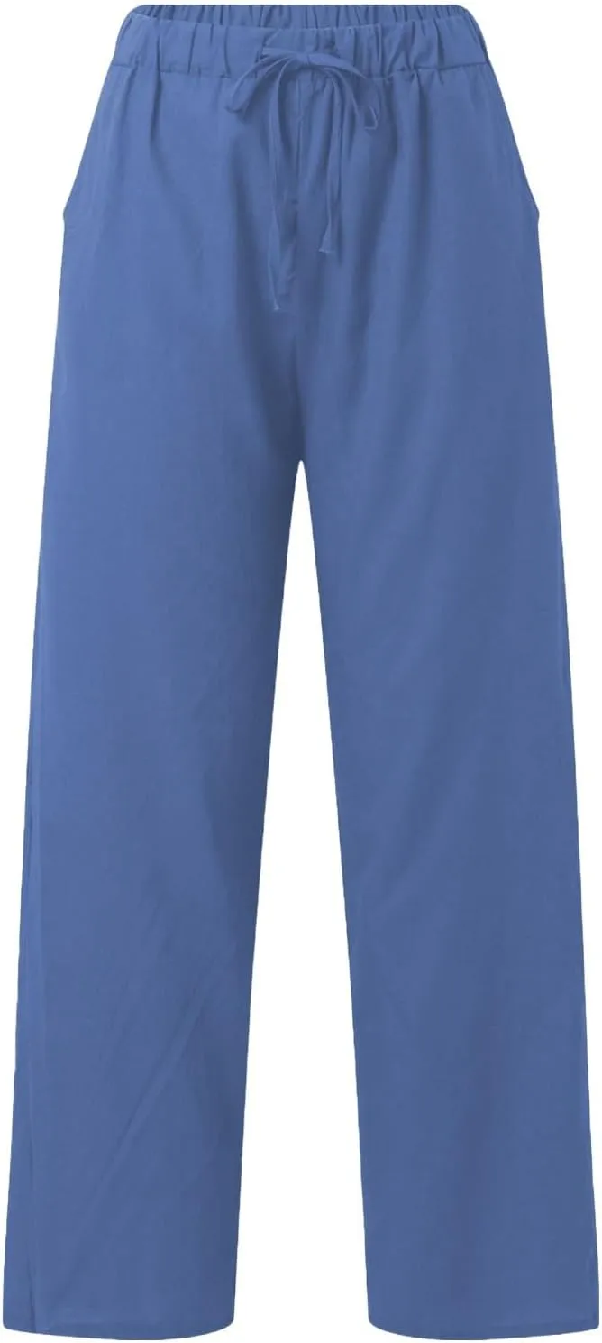 Womens Casual Cotton Linen Pants Lightweight Summer Relax Fit Elastic Waist Plus Size Solid Lounge Long Trousers