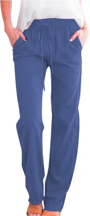 Womens Casual Cotton Linen Pants Lightweight Summer Relax Fit Elastic Waist Plus Size Solid Lounge Long Trousers