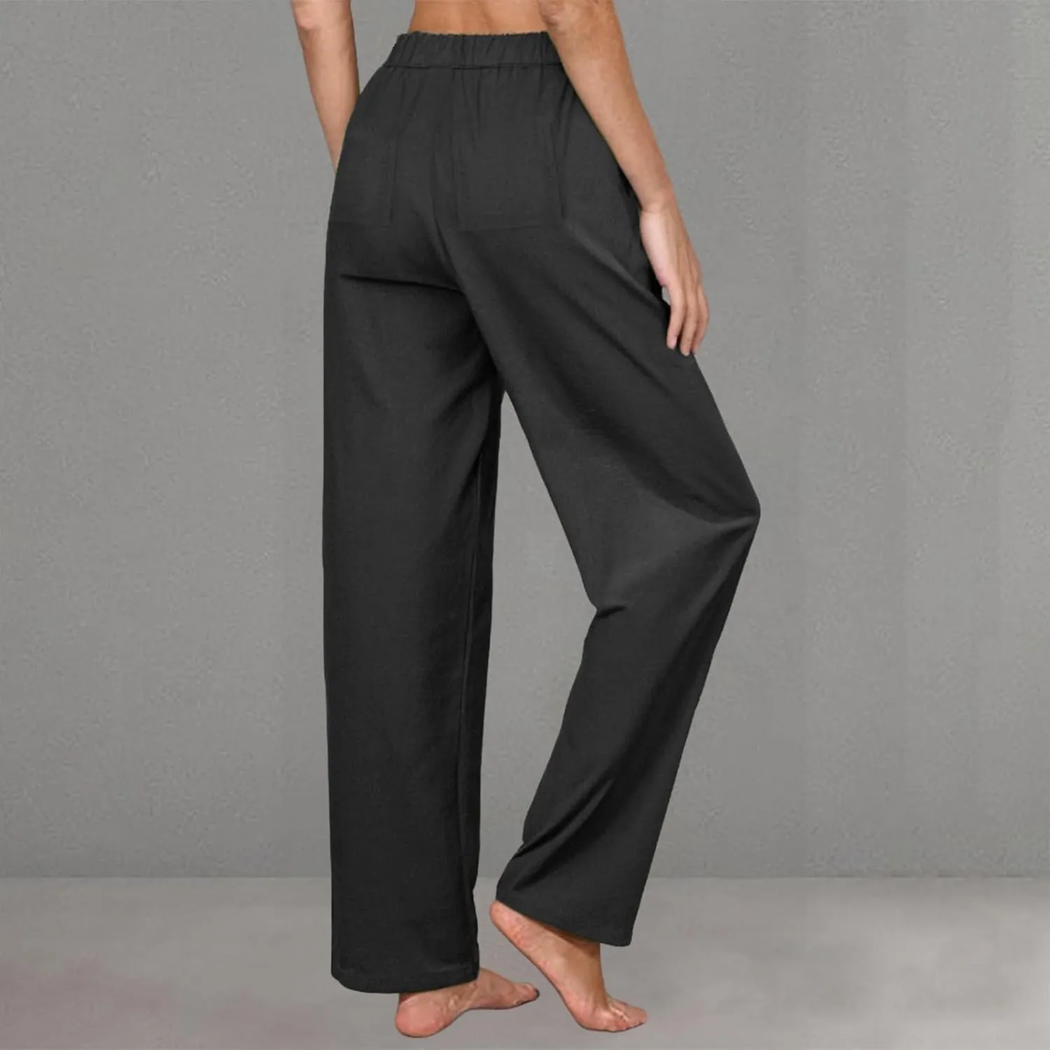 Womens Casual Cotton Linen Pants Lightweight Summer Relax Fit Elastic Waist Plus Size Solid Lounge Long Trousers