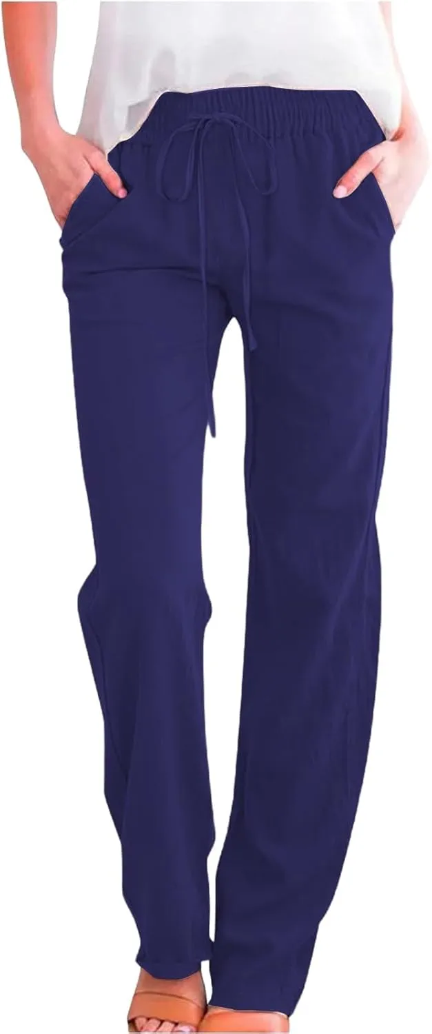 Womens Casual Cotton Linen Pants Lightweight Summer Relax Fit Elastic Waist Plus Size Solid Lounge Long Trousers