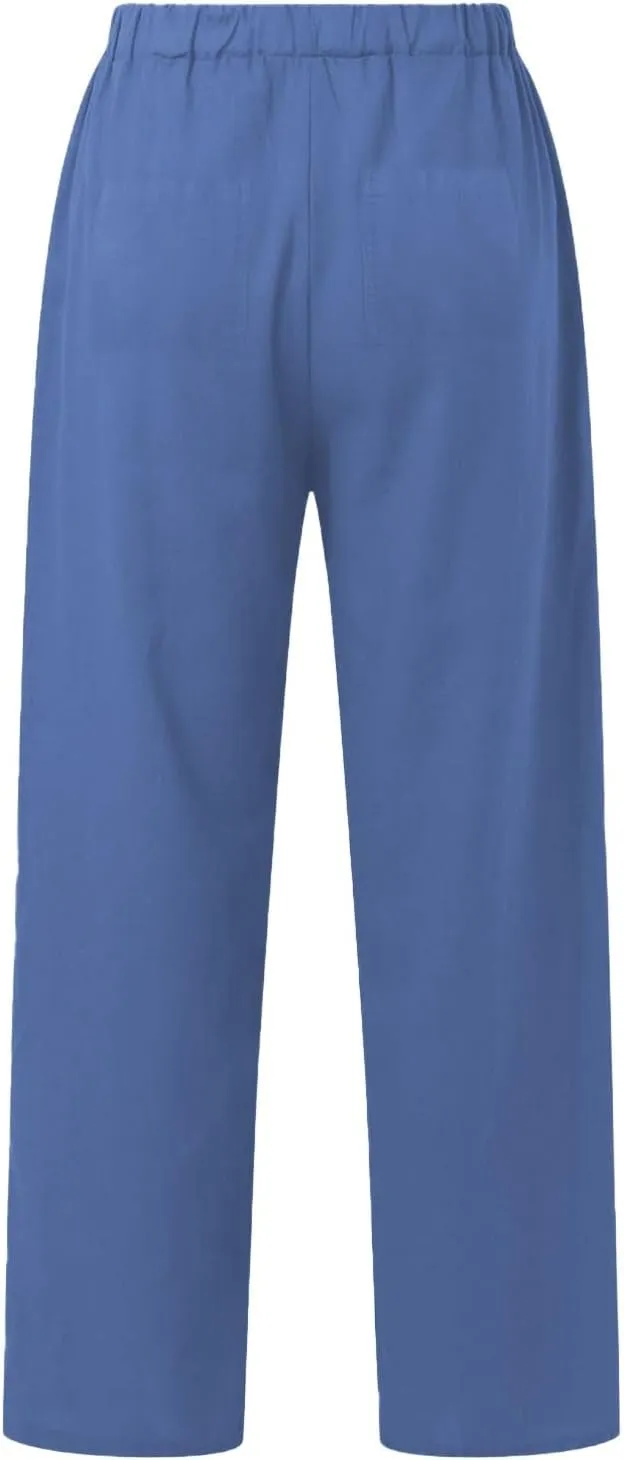 Womens Casual Cotton Linen Pants Lightweight Summer Relax Fit Elastic Waist Plus Size Solid Lounge Long Trousers