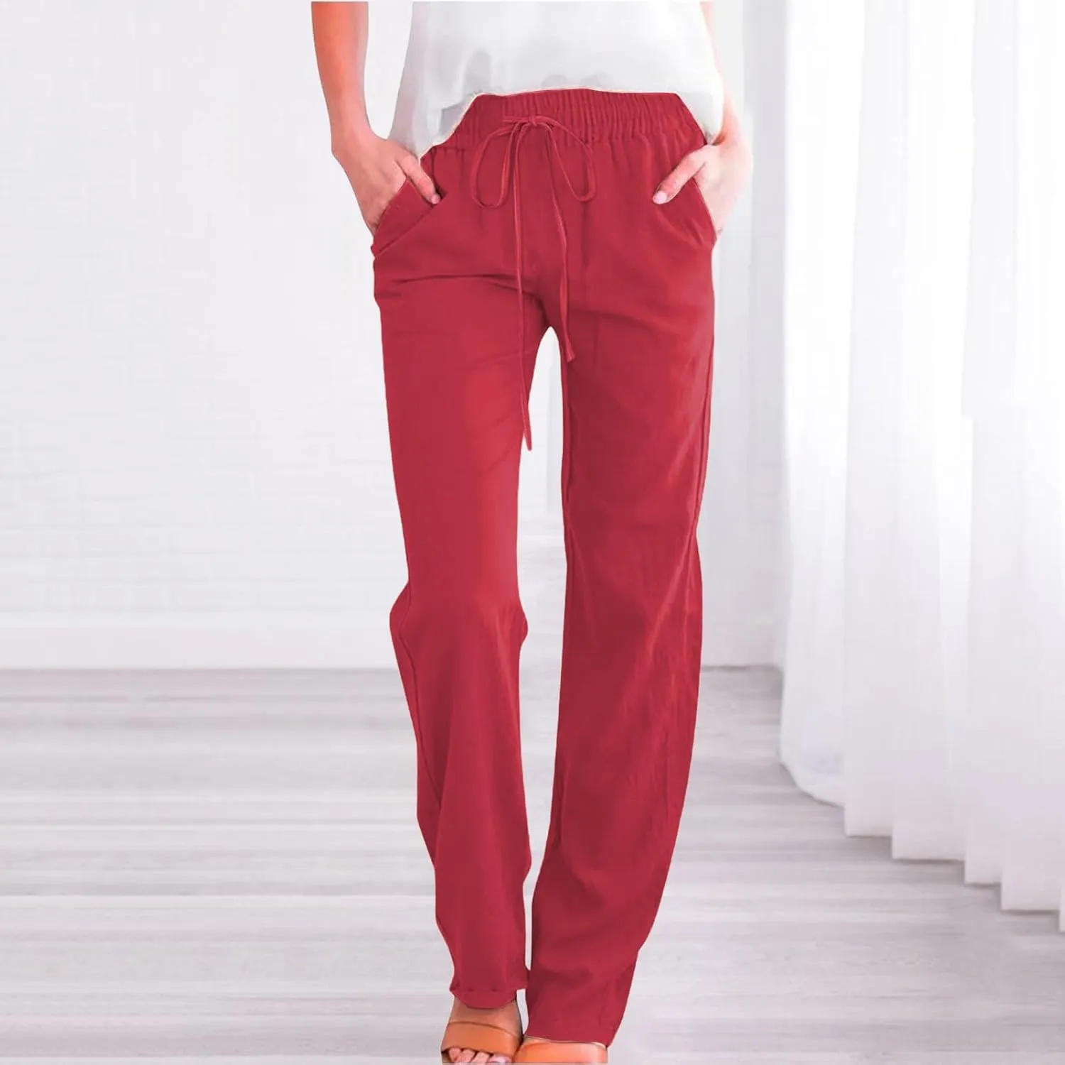Womens Casual Cotton Linen Pants Lightweight Summer Relax Fit Elastic Waist Plus Size Solid Lounge Long Trousers