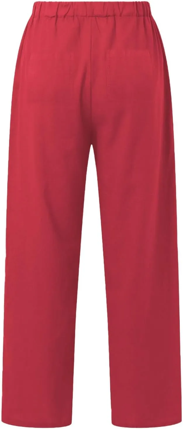 Womens Casual Cotton Linen Pants Lightweight Summer Relax Fit Elastic Waist Plus Size Solid Lounge Long Trousers
