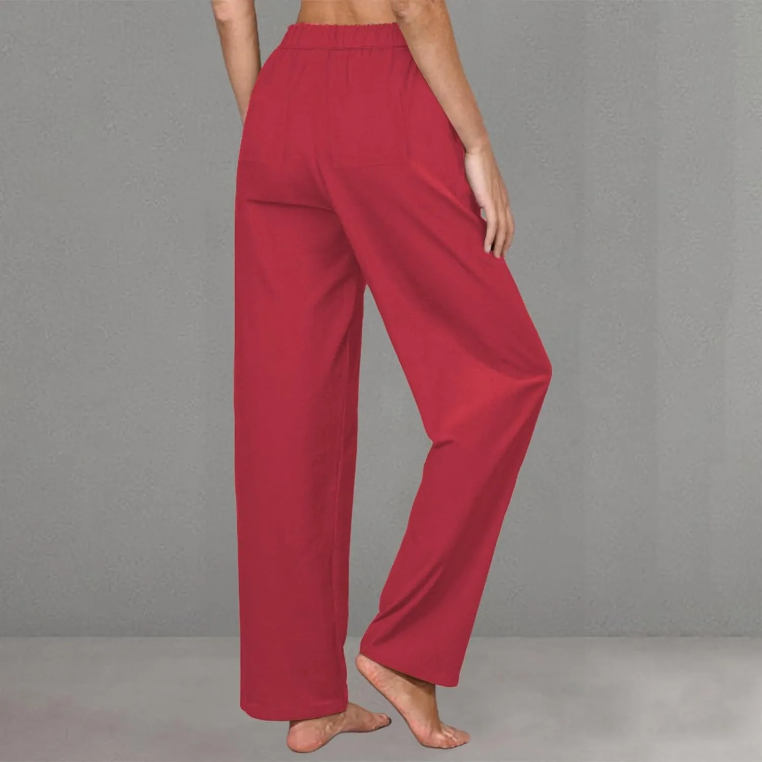 Womens Casual Cotton Linen Pants Lightweight Summer Relax Fit Elastic Waist Plus Size Solid Lounge Long Trousers