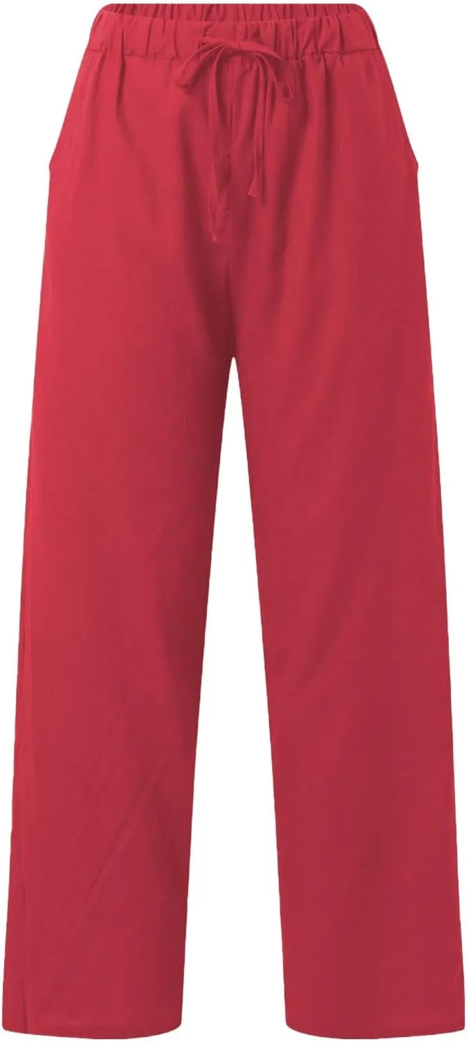 Womens Casual Cotton Linen Pants Lightweight Summer Relax Fit Elastic Waist Plus Size Solid Lounge Long Trousers