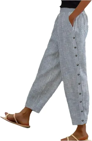 Women's Casual Lantern Harem Loose Elastic Waist Capris Pants Summer Buttons Stripe Print Slacks Trousers with Pocket