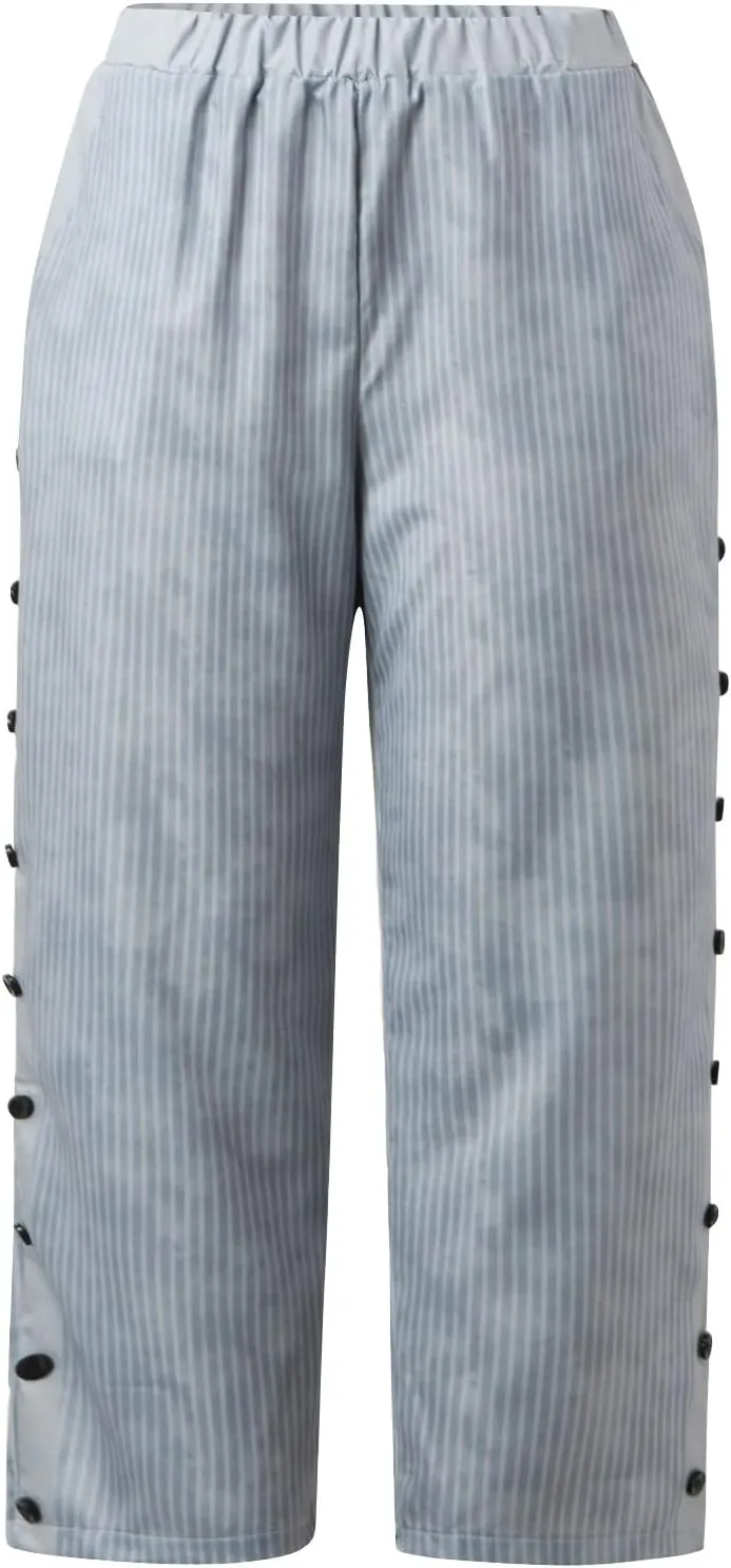 Women's Casual Lantern Harem Loose Elastic Waist Capris Pants Summer Buttons Stripe Print Slacks Trousers with Pocket