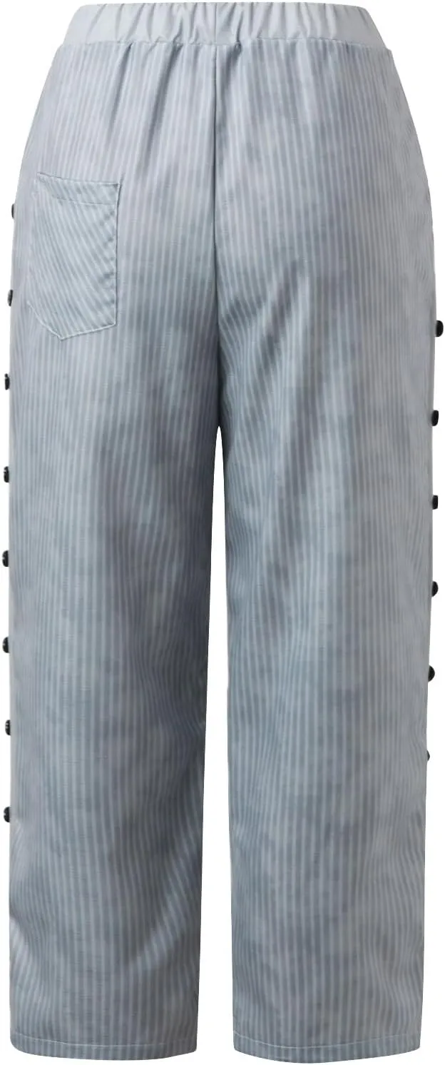 Women's Casual Lantern Harem Loose Elastic Waist Capris Pants Summer Buttons Stripe Print Slacks Trousers with Pocket