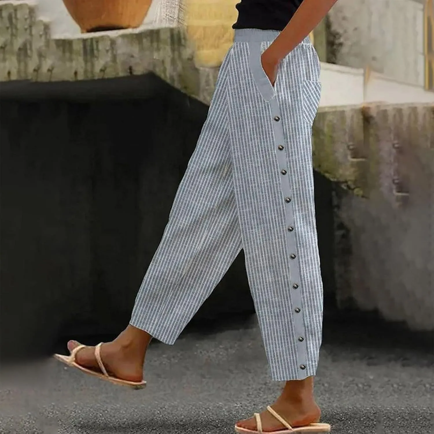 Women's Casual Lantern Harem Loose Elastic Waist Capris Pants Summer Buttons Stripe Print Slacks Trousers with Pocket