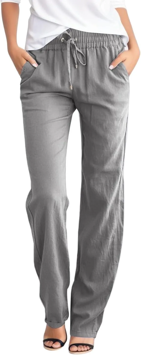Women's Casual Wide Leg Pants Casual Straight Leg Casual Elastic High Waist Pants Breathable Trousers with Pockets