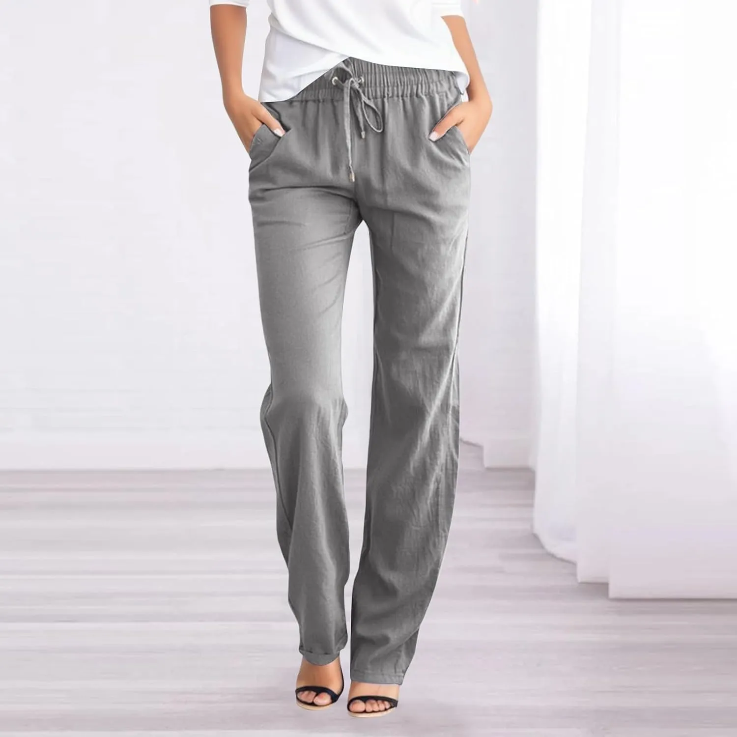 Women's Casual Wide Leg Pants Casual Straight Leg Casual Elastic High Waist Pants Breathable Trousers with Pockets