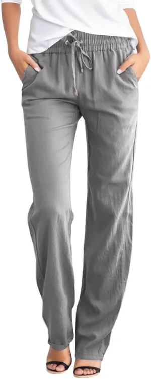 Women's Casual Wide Leg Pants Casual Straight Leg Casual Elastic High Waist Pants Breathable Trousers with Pockets