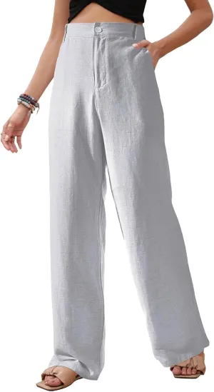 Womens Casual Wide Leg Pants Linen Straight Leg High Waisted Button Down Long Trousers Loose Palazzo Trousers Pockets