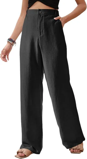 Womens Casual Wide Leg Pants Linen Straight Leg High Waisted Button Down Long Trousers Loose Palazzo Trousers Pockets