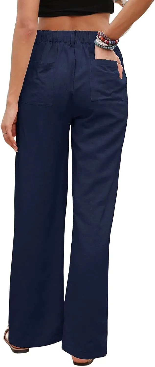 Womens Casual Wide Leg Pants Linen Straight Leg High Waisted Button Down Long Trousers Loose Palazzo Trousers Pockets