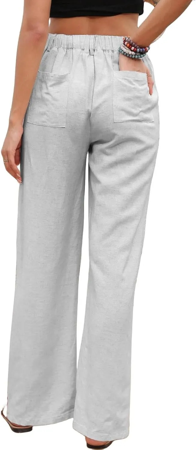 Womens Casual Wide Leg Pants Linen Straight Leg High Waisted Button Down Long Trousers Loose Palazzo Trousers Pockets