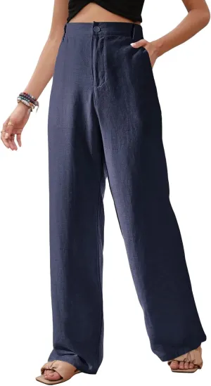 Womens Casual Wide Leg Pants Linen Straight Leg High Waisted Button Down Long Trousers Loose Palazzo Trousers Pockets