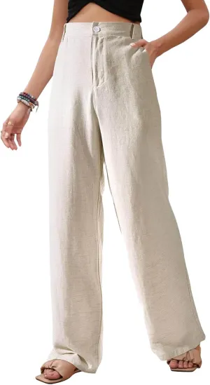 Womens Casual Wide Leg Pants Linen Straight Leg High Waisted Button Down Long Trousers Loose Palazzo Trousers Pockets