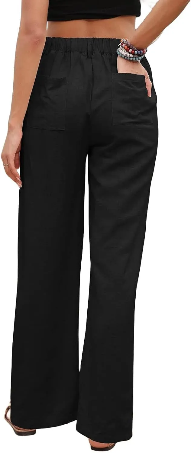 Womens Casual Wide Leg Pants Linen Straight Leg High Waisted Button Down Long Trousers Loose Palazzo Trousers Pockets