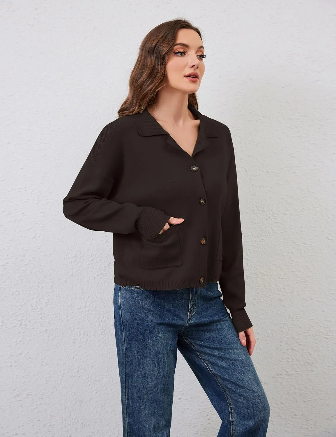 Womens Collared Cardigan Sweaters Button Down Polo Knit Cardigan Long Sleeve Button Up Sweater Top with Pocket