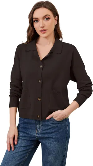 Womens Collared Cardigan Sweaters Button Down Polo Knit Cardigan Long Sleeve Button Up Sweater Top with Pocket