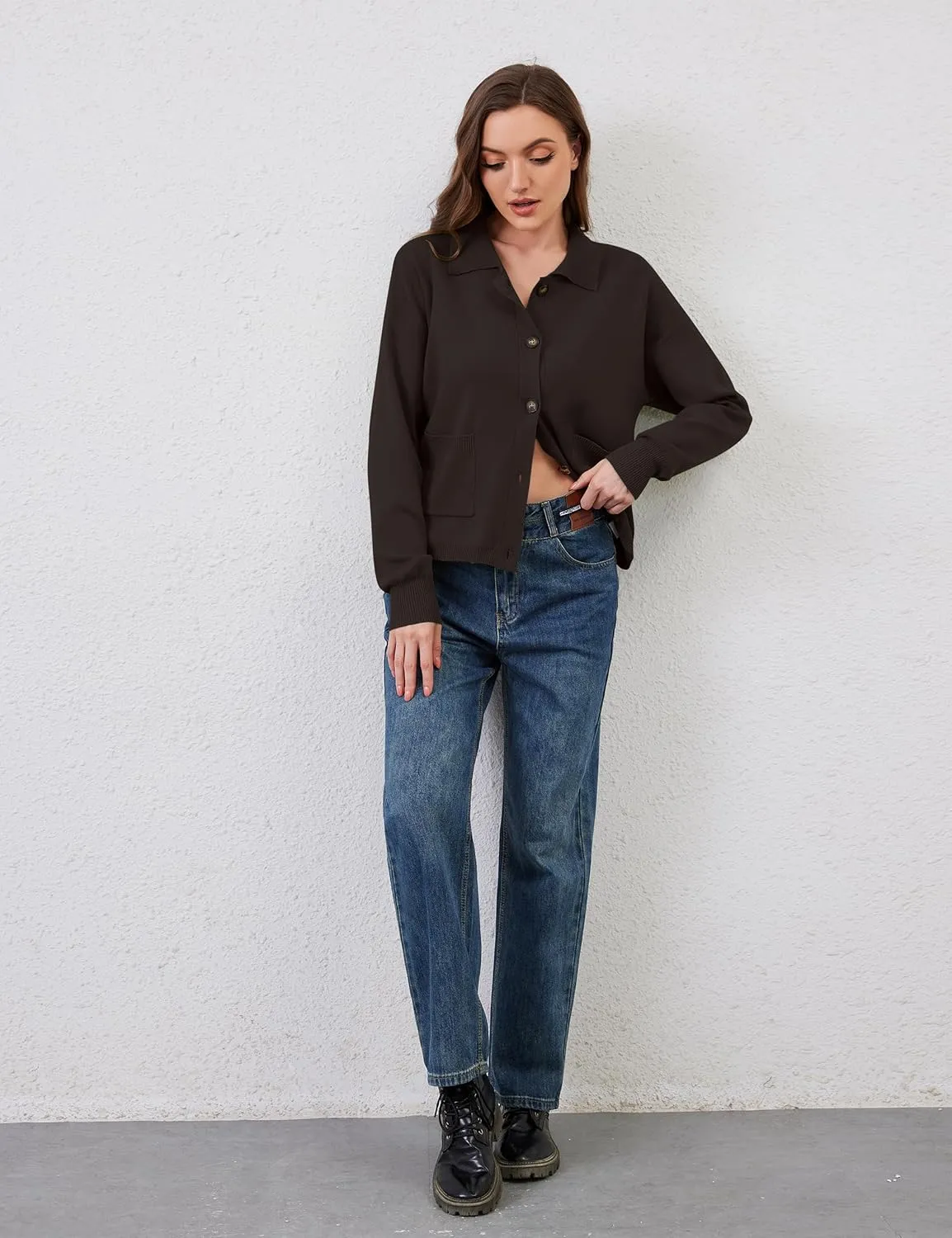 Womens Collared Cardigan Sweaters Button Down Polo Knit Cardigan Long Sleeve Button Up Sweater Top with Pocket