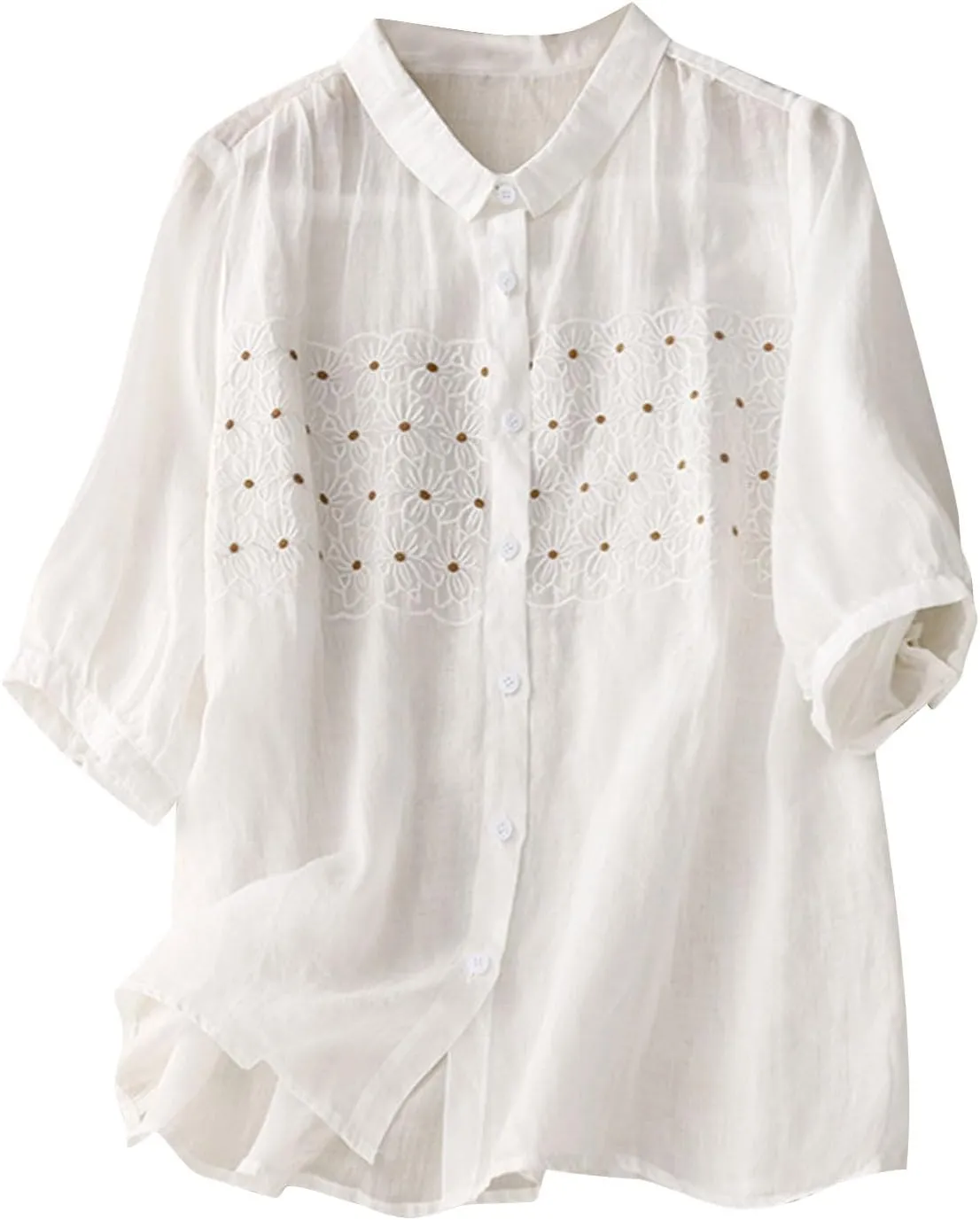 Womens Cotton Linen Button Down Shirts Elbow Sleeve Embroidered Blouse Summer Collared Vintage Tops Plain Casual Tees