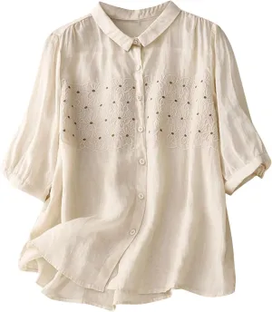 Womens Cotton Linen Button Down Shirts Elbow Sleeve Embroidered Blouse Summer Collared Vintage Tops Plain Casual Tees