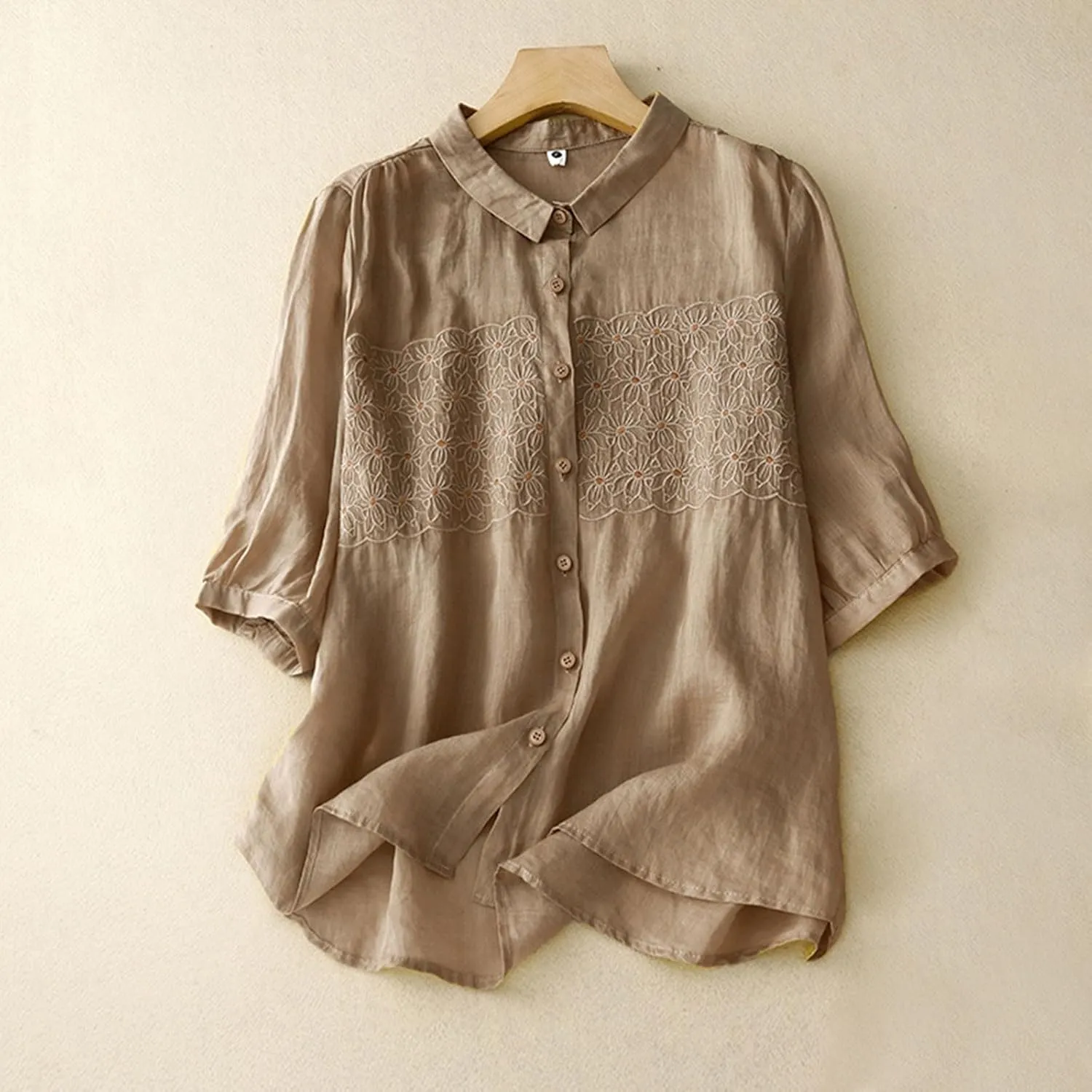 Womens Cotton Linen Button Down Shirts Elbow Sleeve Embroidered Blouse Summer Collared Vintage Tops Plain Casual Tees