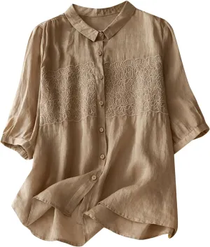 Womens Cotton Linen Button Down Shirts Elbow Sleeve Embroidered Blouse Summer Collared Vintage Tops Plain Casual Tees