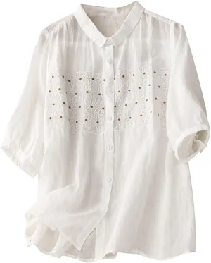 Womens Cotton Linen Button Down Shirts Elbow Sleeve Embroidered Blouse Summer Collared Vintage Tops Plain Casual Tees