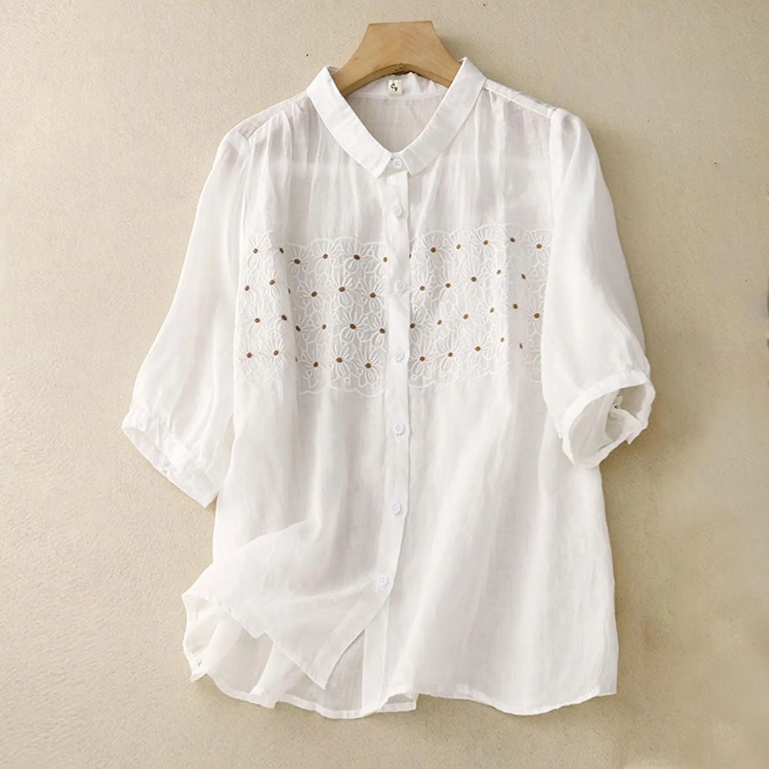 Womens Cotton Linen Button Down Shirts Elbow Sleeve Embroidered Blouse Summer Collared Vintage Tops Plain Casual Tees