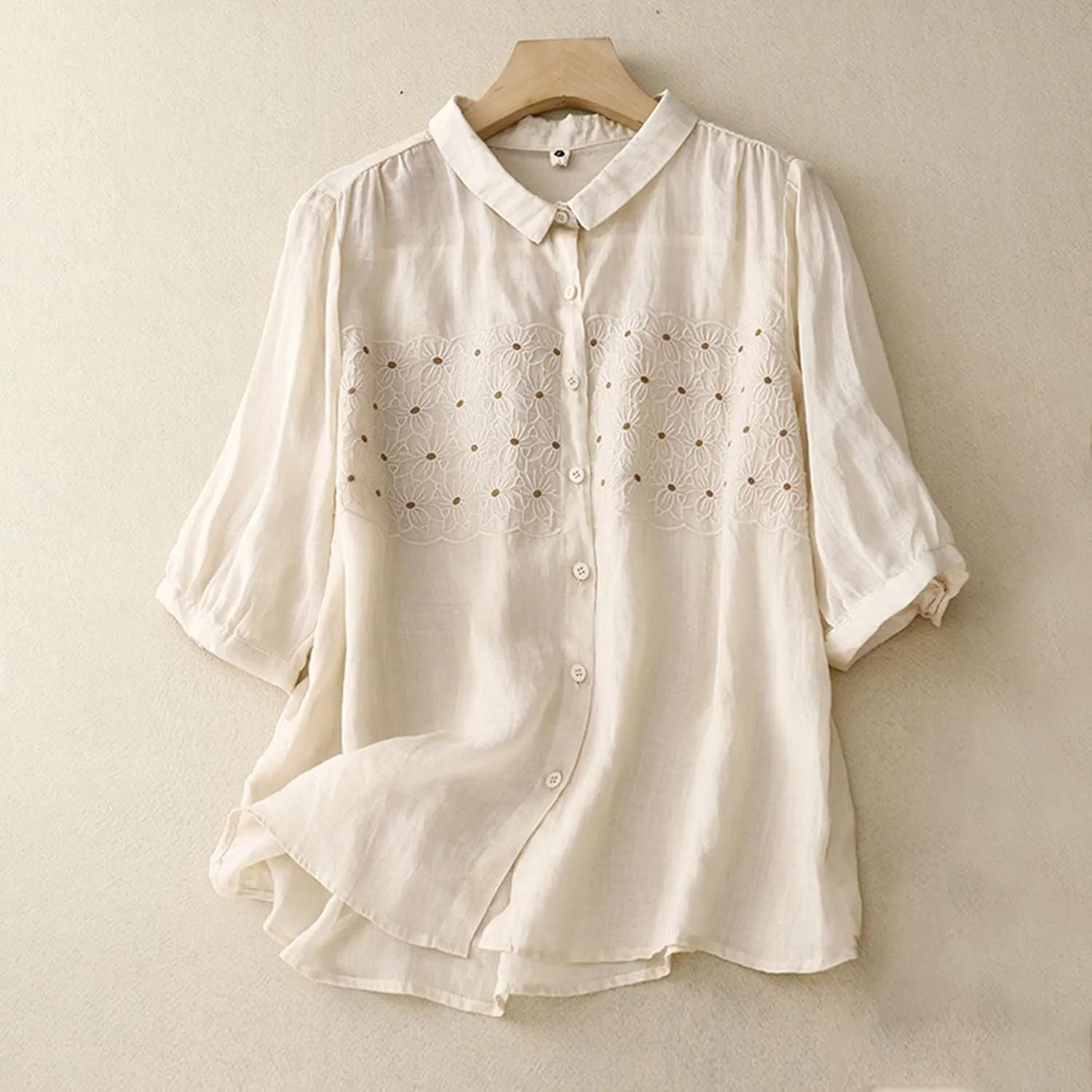 Womens Cotton Linen Button Down Shirts Elbow Sleeve Embroidered Blouse Summer Collared Vintage Tops Plain Casual Tees