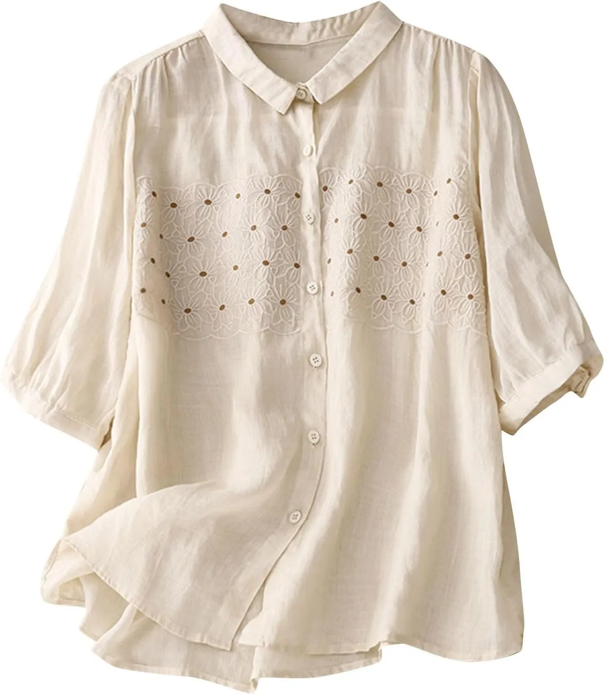 Womens Cotton Linen Button Down Shirts Elbow Sleeve Embroidered Blouse Summer Collared Vintage Tops Plain Casual Tees