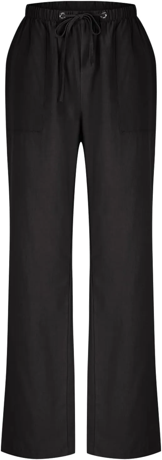 Women's Cotton Linen Pant Vintage Straight Wide Leg Summer Boho Trousers with Pockets Lightweight High Waisted Slacks