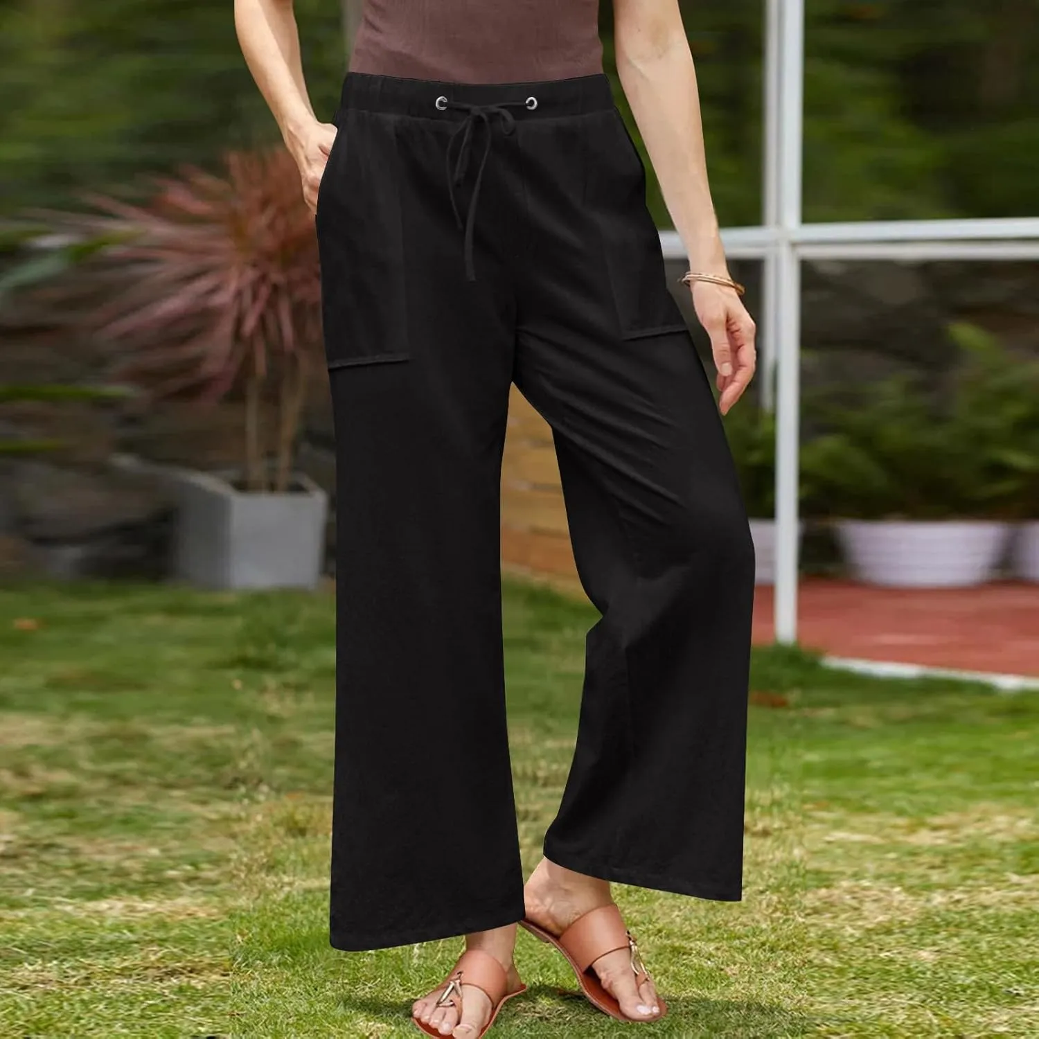 Women's Cotton Linen Pant Vintage Straight Wide Leg Summer Boho Trousers with Pockets Lightweight High Waisted Slacks