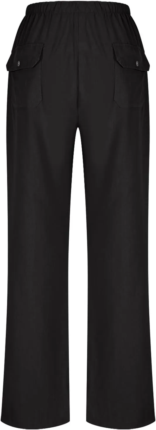 Women's Cotton Linen Pant Vintage Straight Wide Leg Summer Boho Trousers with Pockets Lightweight High Waisted Slacks