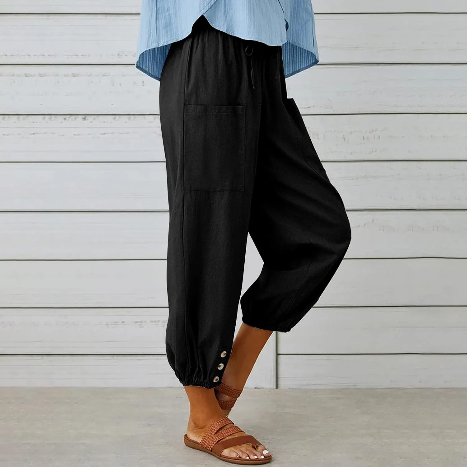 Womens Cotton Linen Pants Drawstring Jogger Pant Summer Loose Beach Trousers with Pockets Vacation Travel Clothes