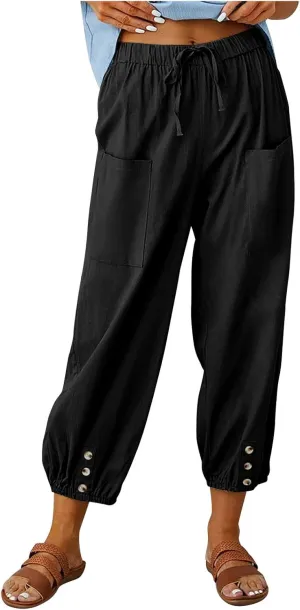 Womens Cotton Linen Pants Drawstring Jogger Pant Summer Loose Beach Trousers with Pockets Vacation Travel Clothes