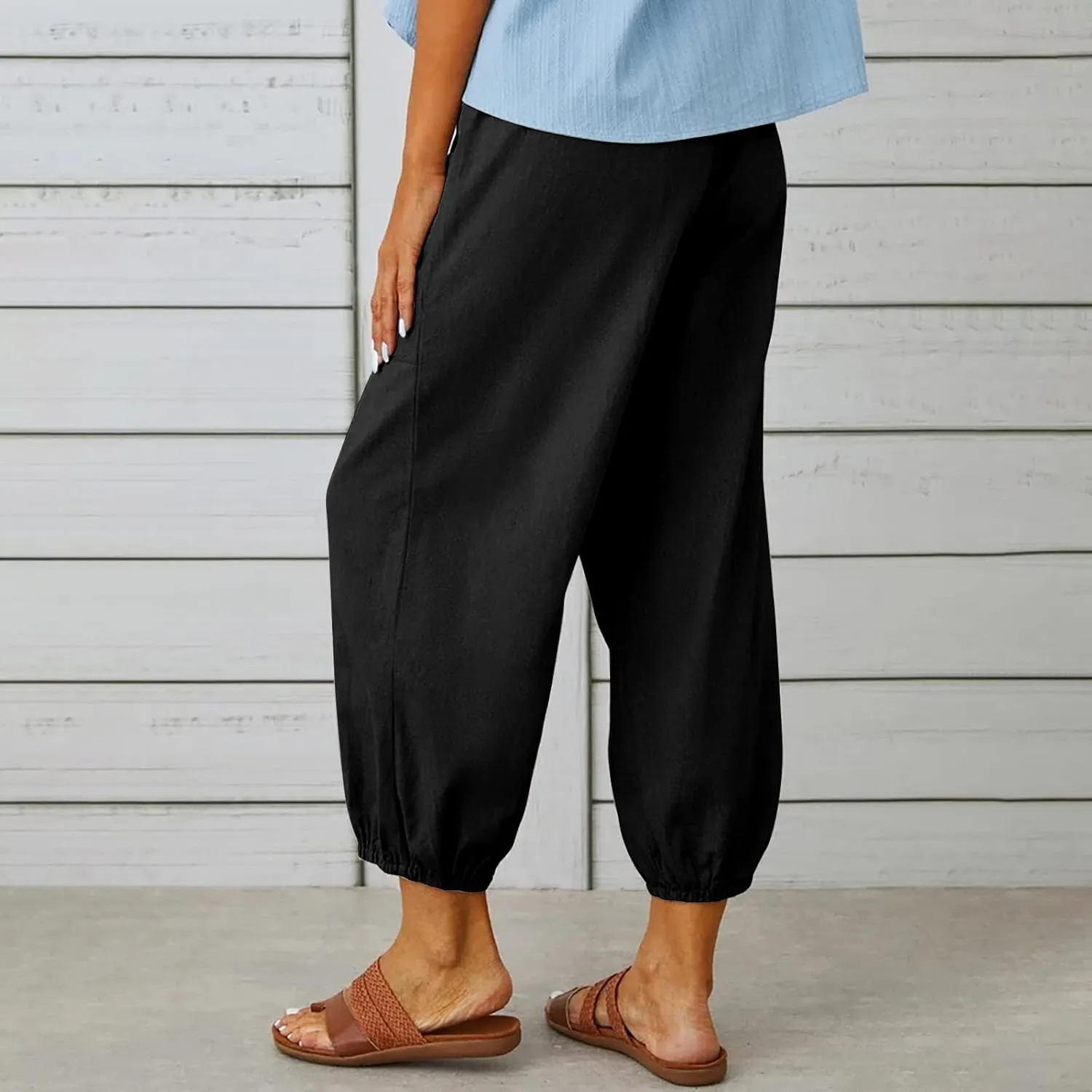Womens Cotton Linen Pants Drawstring Jogger Pant Summer Loose Beach Trousers with Pockets Vacation Travel Clothes