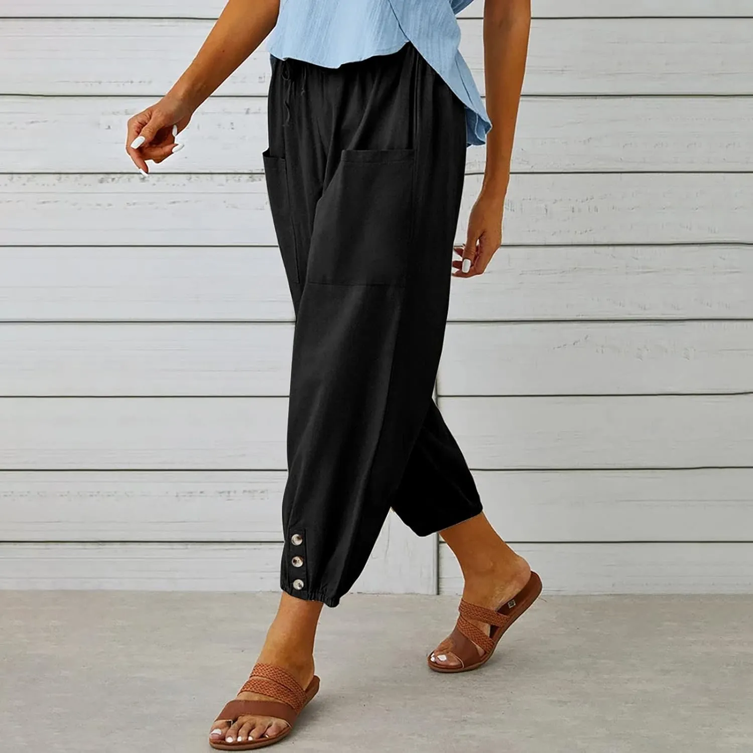 Womens Cotton Linen Pants Drawstring Jogger Pant Summer Loose Beach Trousers with Pockets Vacation Travel Clothes