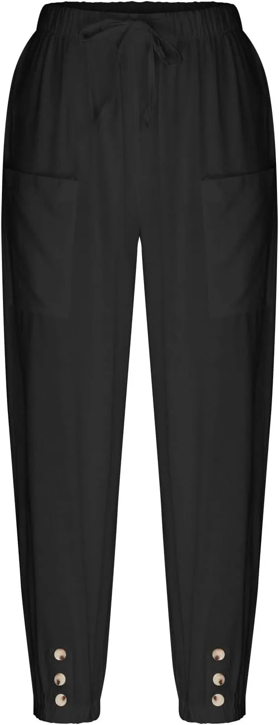 Womens Cotton Linen Pants Drawstring Jogger Pant Summer Loose Beach Trousers with Pockets Vacation Travel Clothes